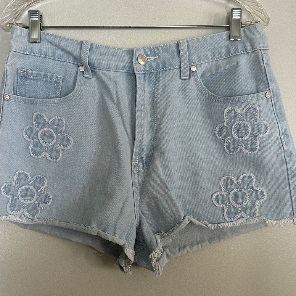 Callie 1850 Floral Embroidered Light Blue Women's Jean Shorts size 11